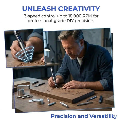 Cordless Rechargeable Engraving Pen With LED Light 18000 RPM High Precision Electric Engraver in use on wood with DIY setup