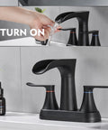 Matte Black 4 Inch Centerset Bathroom Faucet With Waterfall Flow Two Handle 3 Hole Sink 360 Degree Swivel Spout Pop Up Drain Included Built To Last Anti Rust Finish Easy To Clean Surface No Fuss Install.
