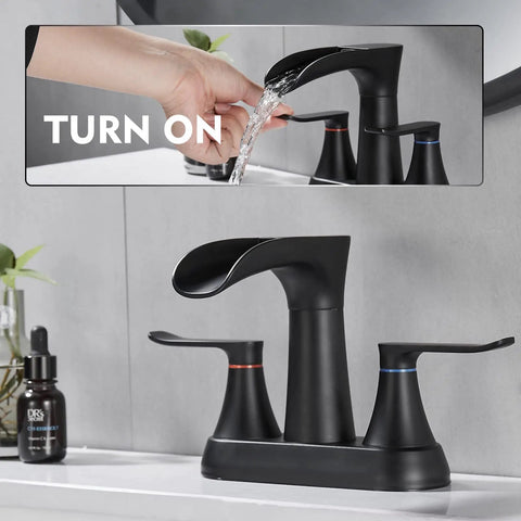 Matte Black 4 Inch Centerset Bathroom Faucet With Waterfall Flow Two Handle 3 Hole Sink 360 Degree Swivel Spout Pop Up Drain Included Built To Last Anti Rust Finish Easy To Clean Surface No Fuss Install.