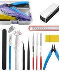 15 Piece Model Tools Kit For Gundam And Car Models with side pliers, tweezers, craft knives, and sanding sponges displayed