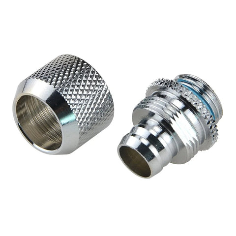 Two silver chrome PC water-cooling compression fittings, G1/4 to 3/8 ID, 1/2 in OD soft tubing