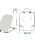 Top Shelf White Oval Toilet Seat With No Drama Soft Close Hinges Quick Top Fix Setup crafted from heavy duty polypropylene with measurements.