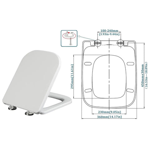Top Shelf White Oval Toilet Seat With No Drama Soft Close Hinges Quick Top Fix Setup crafted from heavy duty polypropylene with measurements.
