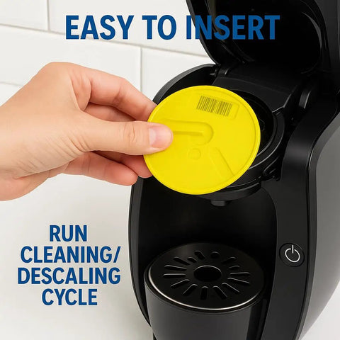 Efficient Tassimo Cleaning Disc For Descaling And Maintenance Fits T20 T40 T65 T85 Coffee Makers Service 621101 No Fuss Easy To Use Inserting And Running The Clean Cycle, yellow plastic disc inserted into Tassimo coffee maker