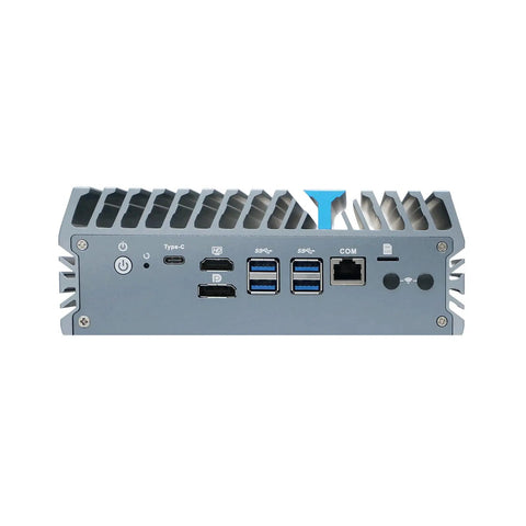 Back view of Rock Solid Din Rail Micro Firewall Mini Pc Featuring Intel Core Ultra 5 125U And Eight Gbe Ports for connectivity options.