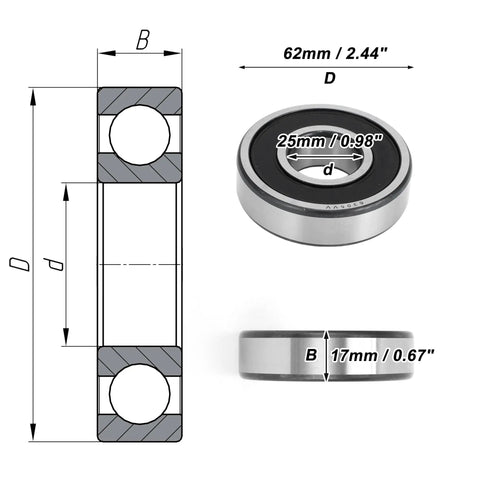 Diagram of Deep Groove Ball Bearings 25x62x17mm P6 Pre Lubricated With Double Rubber Seal showing dimensions and cross-sectional view