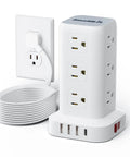 Dope 16 In 1 Tower Power Strip With USB C And USB A Ports, 12 AC Outlets, Flat Plug Surge Protector Extension Cord, 16.5Ft Ultra Thin Power Bar For Home Office Use, Overload Protection And Cable Management showing front USB ports and side outlets.