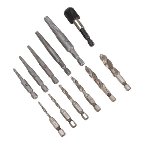Awesome 11 Piece Screw Extractor Set For Easy Removal Of Broken Bolts And Damaged Threads Perfect For Drilling And Repairing Aluminum And Hard Plastic Mechanical Jobs With Handy Storage Box, alloy steel bits and adapter