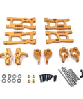 Trail Shredding Yellow Metal Suspension Arms And Steering Cup Hub Carrier Upgrade Set Built Tough To Tear Through Rocky Terrain And Keep Your Ride Cruisin Smooth, showing aluminum parts with bolts and bearings.