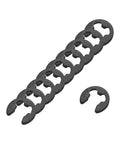 External Retaining Rings Set, 100 Pcs, 1.5mm E Clip Circlips arranged in a line showing 65Mn Carbon Steel, burr-free smooth finish.