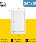 Image showing dimensions of Heavy Duty 24 By 36 Inch Insulated Fire Rated Wall Access Panel 3 Hour Rating with 20 Gauge Galvanneal Steel.