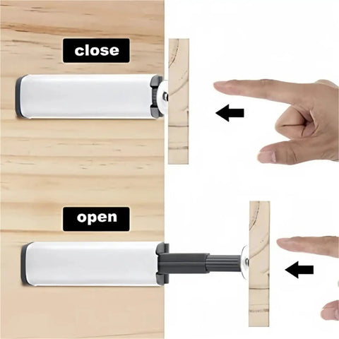 Diagram showing the operation of the Magnetic Touch Latch Kit 10 Pack For Cabinets And Drawers No Handle Door Release Hardware