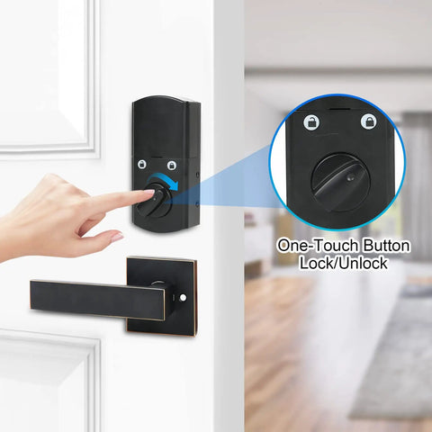 Person using Keyless Entry Door Lock With Keypad And Handle Set, 5 In 1 Smart Deadbolt For Front Door, Auto Lock shown in detail