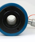 TEMCo HC0003 hollow hydraulic cylinder ram, front view showing blue flange, black bore, and red connector