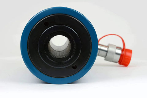 TEMCo HC0003 hollow hydraulic cylinder ram, front view showing blue flange, black bore, and red connector