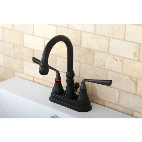 Four Inch Centerset Bathroom Faucet In Oil Rubbed Bronze With Heavy Duty Brass Construction Built To Last, two-handle view