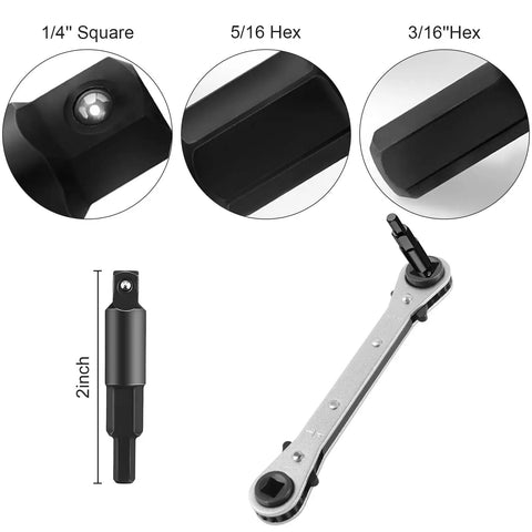 Image of HVAC Service Wrench Kit With Hex Bit Adapter For Air Conditioning And Refrigeration Repair, highlighting hex bit sizes and ratchet.