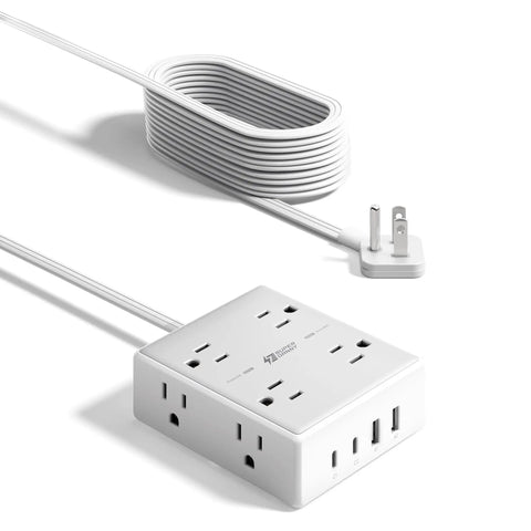 12 In 1 Surge Protector Power Strip With 15 Ft Flat Plug, 8 AC Outlets, 2 USB-C Ports, 2 USB-A Ports, 4-Side Design To Prevent Outlet Blockage, Overload Protection, Power Up Your Home Office And Entertainment Setup white with coiled 15 ft cord