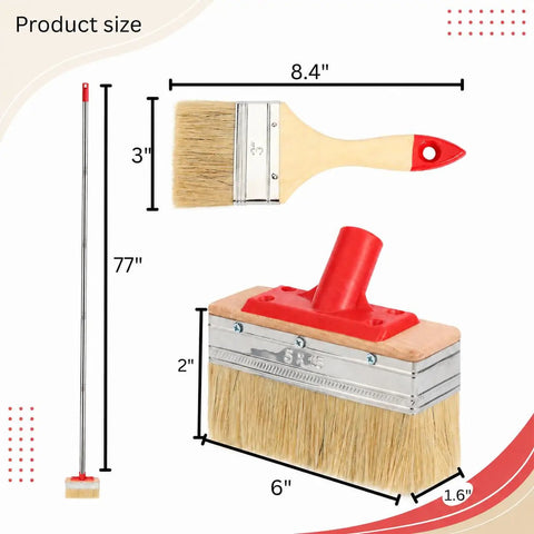 6 Inch Deck Stain Brush With 77 Inch Extendable Handle And 3 Inch Paint Brush Set showing dimensions and synthetic bristles