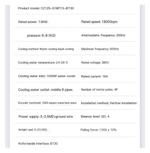 Specifications of Water Cooled Automatic Tool Changer Spindle BT30 Workhorse CNC Machine Tool including power and speed