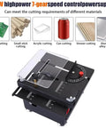 Top Shelf Mini Table Saw And Heavy Duty Portable Craft Station For Wood Cutting Sanding Engraving Drilling All In One Adjustable desktop view of precision cutting tool with 7-speed settings.
