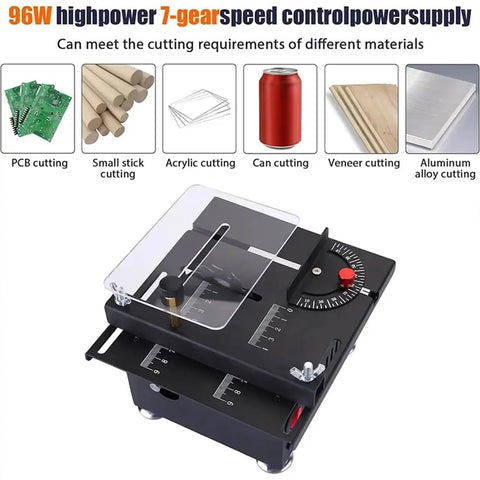 Top Shelf Mini Table Saw And Heavy Duty Portable Craft Station For Wood Cutting Sanding Engraving Drilling All In One Adjustable desktop view of precision cutting tool with 7-speed settings.