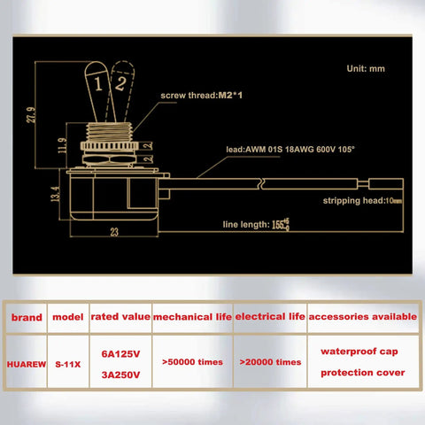 Diagram of Heavy Duty SPST Rocker Toggle Switch 2 Pin On Off Latching With Leads 6A At 125VAC And 3A At 250VAC, dimensions shown