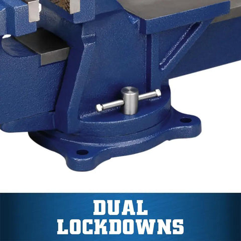 6 Inch General Purpose Bench Vise With 120 Degree Swivel Base And 5 Inch Jaw Opening, 3 Inch Throat, Dual Lockdowns