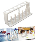 Six Hole Test Tube Organizer Rack For Lab And Classroom Use Test Tube Holder, white, 21x10x7 cm displayed in educational settings.
