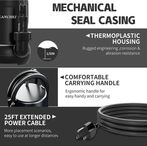 Heavy Duty 1 HP Submersible Sump Pump With 4700 GPH Flow, thermoplastic housing, ergonomic handle, 25 ft power cable