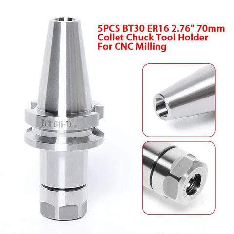 Five Piece BT30 ER16 Collet Chuck Tool Holder Set for CNC Mills and Drills, 2.76 Inch 70mm Shank, ER16 Precision Chucks.