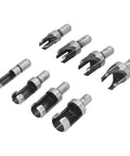 Heavy Duty 8 Piece Carbon Steel Wood Plug Drill Bit Set With Hella Sharp Spiral Hole Cutters To Knock Out Clean Plugs For Furniture Repair And Weekend Warriors, showing eight sharp spiral cutters.