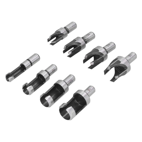 Heavy Duty 8 Piece Carbon Steel Wood Plug Drill Bit Set With Hella Sharp Spiral Hole Cutters To Knock Out Clean Plugs For Furniture Repair And Weekend Warriors, showing eight sharp spiral cutters.