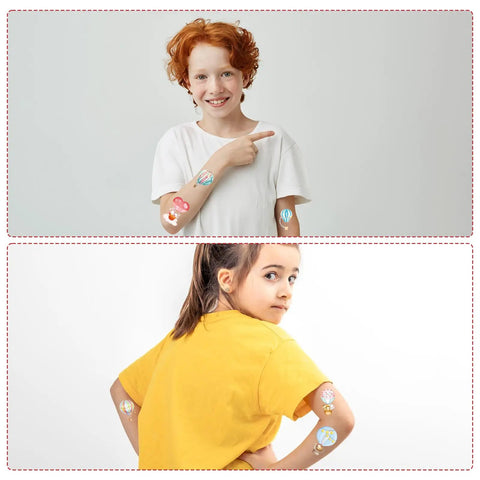 Kids wearing Hot Air Balloon Temporary Tattoos Set With 200 Plus Stickers On 8 Sheets For Party Decor And Prizes Ideal For Birthday Parties.