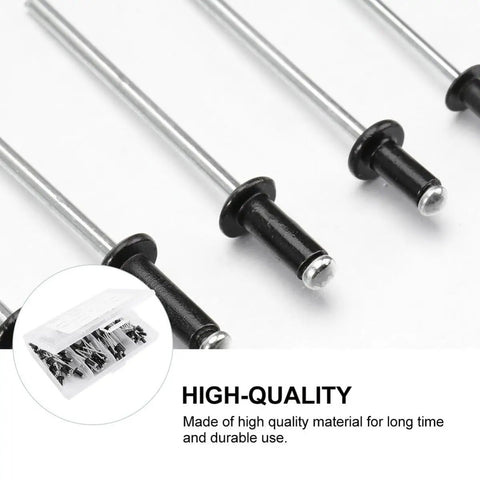 DIY Friendly Blind Rivets And Standard Head Size Assortment Kit 120 Pcs Aluminum Black M2.4 M3.2 M4 With Burr Free Pull Rod close-up