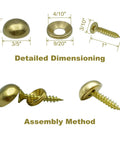 Top Shelf Pack Of Eight Premium Brass Decorative Screws With Snap Off Caps And Quick Drill Bit For Mirror Hanging, showing dimensions and assembly.
