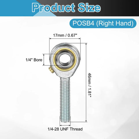 Four Pack POSB4 One Quarter Inch Male Rod End Bearing With One Quarter Inch UNF Right Hand Thread And Jam Nuts For Agriculture Machinery CNC Equipment ABEC3 Heavy Duty Precision For Smooth Motion And Easy Install, 1/4 bore