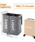 Big Ol Double Laundry Hamper With Lid And Removable Bags next to 20-inch suitcase showing size and capacity in gray.