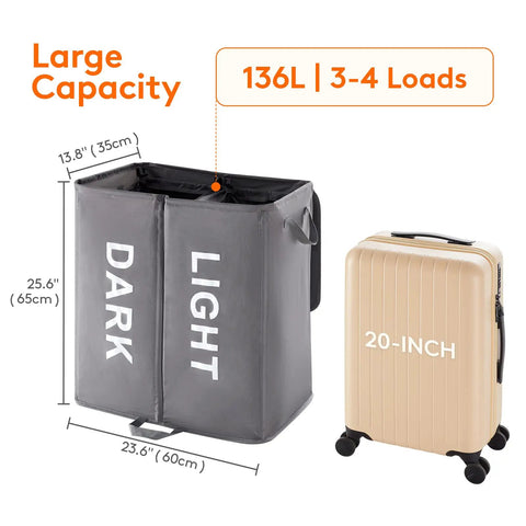 Big Ol Double Laundry Hamper With Lid And Removable Bags next to 20-inch suitcase showing size and capacity in gray.