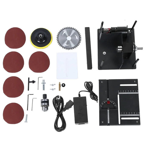 Top Pick Mini Table Saw With A Slick 25 Piece Cutting Kit For Effortless Wood And Jade Crafting Featuring Heavy Duty Lathe Polishing And Power Drilling Tools US Plug Included - tools and components layout.