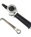 Double Head Nibbler Sheet Metal Cutter Tool For Drills And Saw Attachments Stainless steel tool with handle and wrench on white background.
