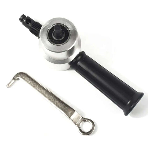 Double Head Nibbler Sheet Metal Cutter Tool For Drills And Saw Attachments Stainless steel tool with handle and wrench on white background.
