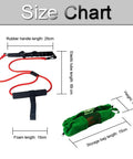 Size chart of Golf Swing Training Resistance Band Set for Home Practice with Door Anchor, red band, green bag, dimensions labeled