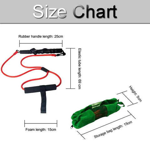 Size chart of Golf Swing Training Resistance Band Set for Home Practice with Door Anchor, red band, green bag, dimensions labeled