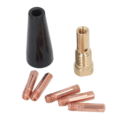 Pro Grade MIG Gun Gasless Welding Accessories Kit 7 Piece Set With Conductive Copper Tips, Gasless Nozzle Shroud, and Connector