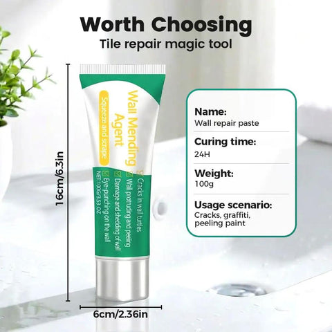 All In One Drywall Patch Kit With Scraper And Mending Paste For Quick Wall Repair tube showing dimensions and usage details.