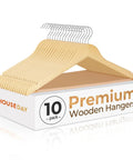 Ten Pack Heavy Duty Solid Birch Wood Coat Hangers With 360 Degree Swivel Hooks And Pant Bar For Jackets Dresses Shirts Natural Wood Suit Hangers For Closet Organization shown in packaging.
