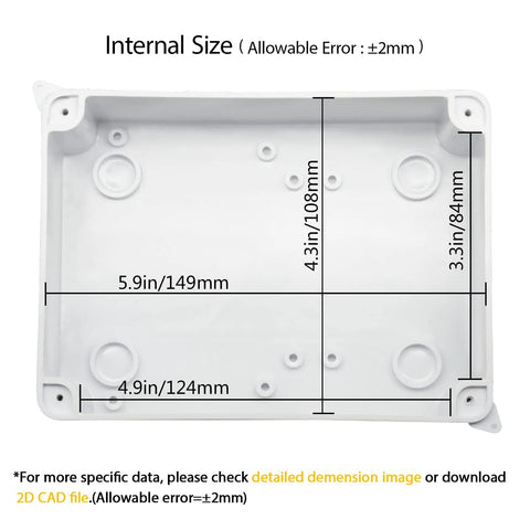 LeMotech IP65 white ABS junction box, interior view with 5.9 x 4.3 in cavity.