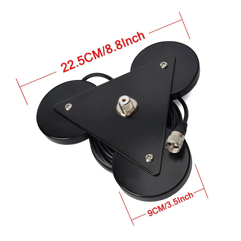Heavy Duty Magnetic Antenna Mount Base With Triple 3.5-Inch Magnets And 16.4 Foot RG-58 Cable PL-259 Plug For Mobile Ham Radios On Roof Or Trunk Built Tough For Quick Setup And Durable Metal Construction showing top view with cable.