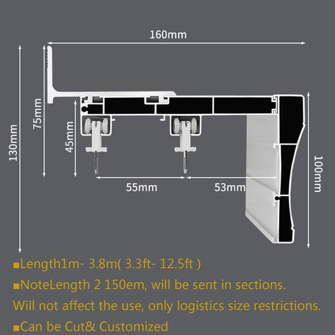 Silent Double Track Baffle Curtain Rail With Slick Slimline Pelmet And Butter Smooth Glide Pulleys Zero Hassle Install Ideal For Heavy Duty Blackout Drapes Total Room Upgrade White 370 Cm dimensions diagram showing size and features.